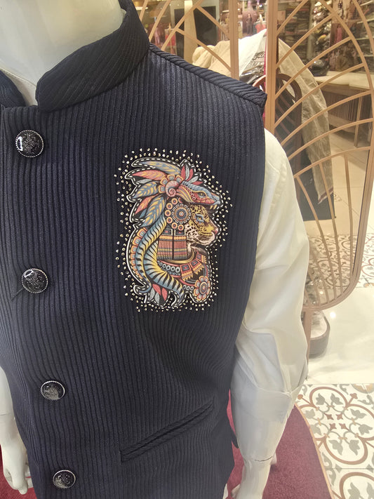 Boys Codroy Cotton Shirt and Pant Set in Navy Blue with Striped Design, Rubber Print Logo with Stone Detailing, White Shirt and Blue Pant for Summer Wear