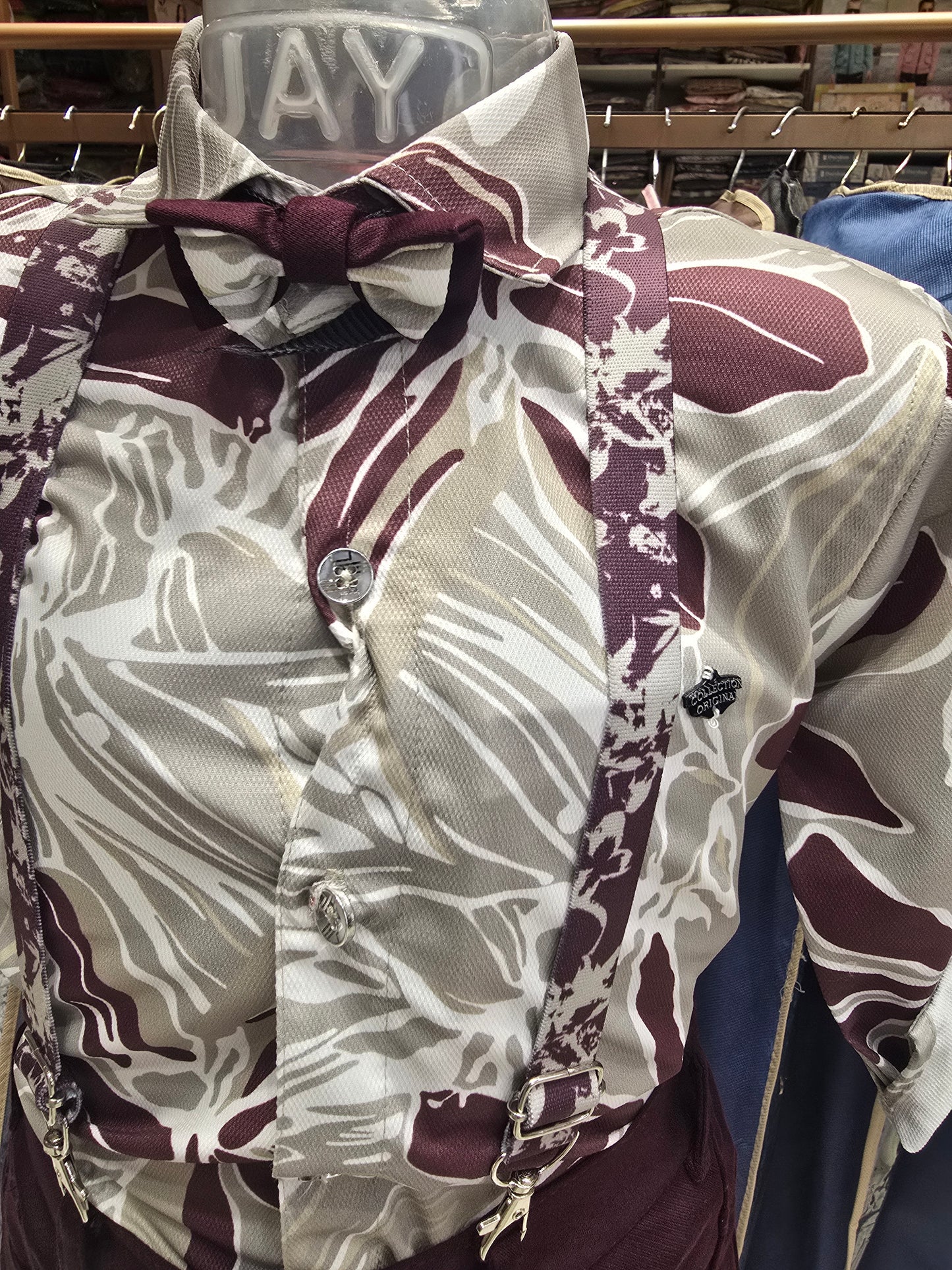 Boys Satin Mixed Printed Dangri Suspender 3 Piece Set with Bow, Cap and Maroon Pant for Party and Summer Wear