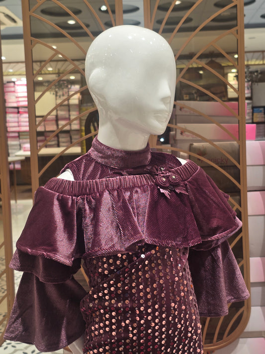 Girls Wine Velvet Sequin Party Wear Bodycon Dress