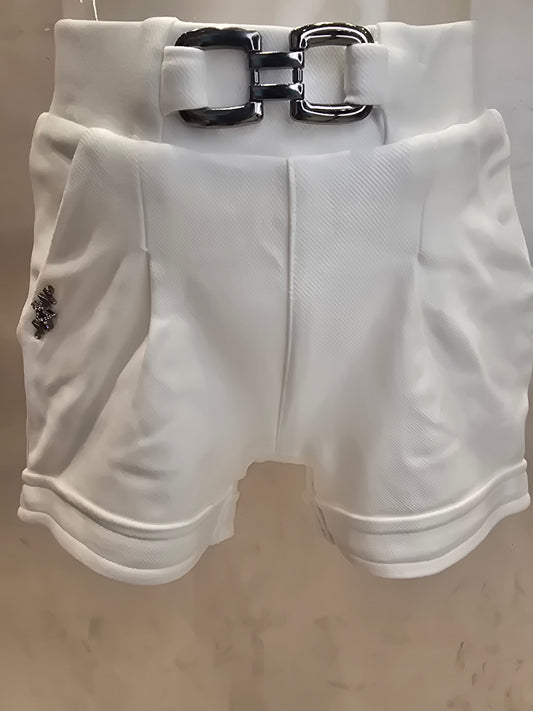 White Lycra Casual Shorts for Girls with Broad Elastic Waistband and Stylish Belt Logo for Everyday Wear