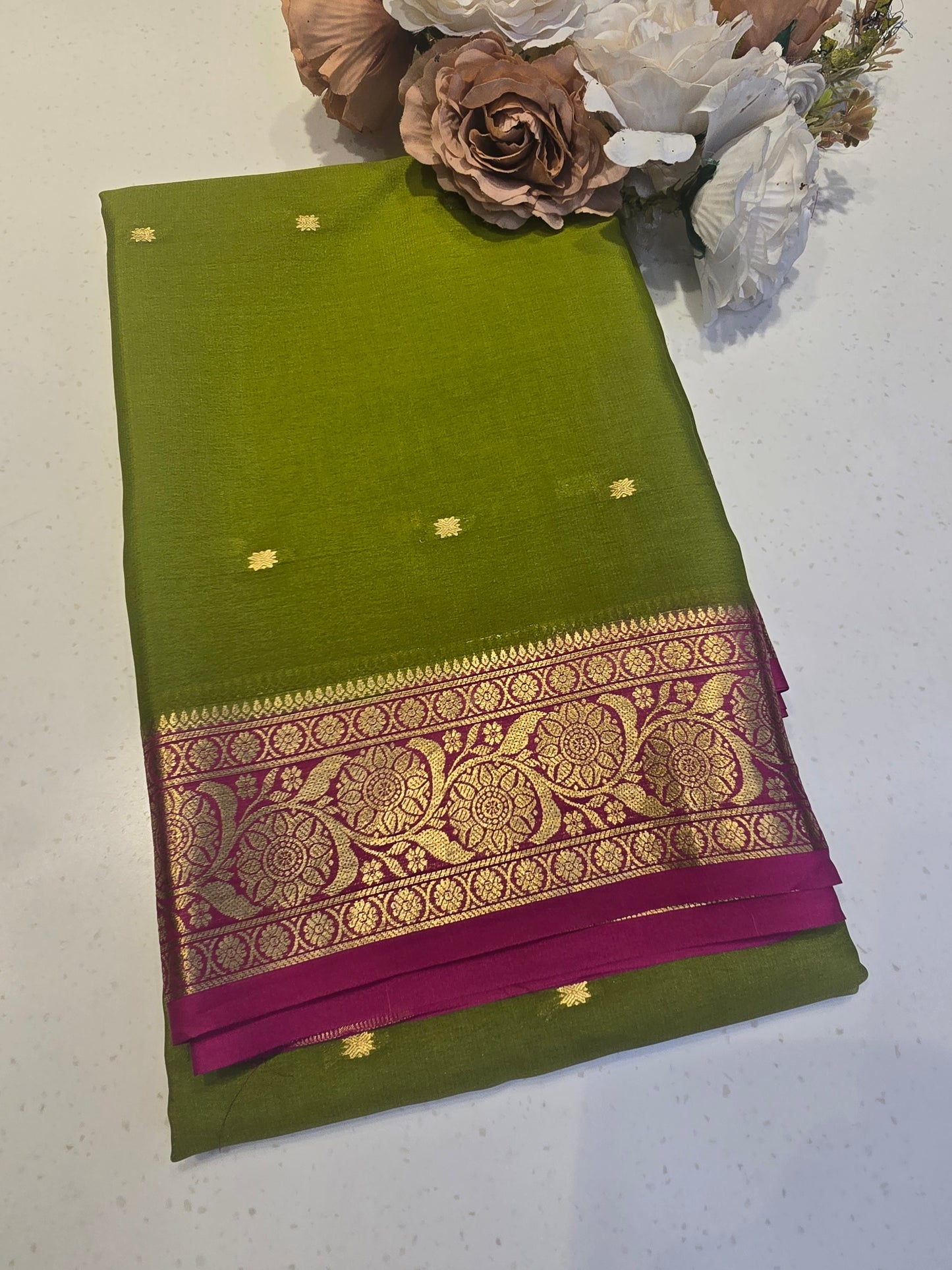Pure Mysore Crepe Silk Saree with Butta Design and Traditional Zari Border | Lightweight Festive & Wedding Wear Saree