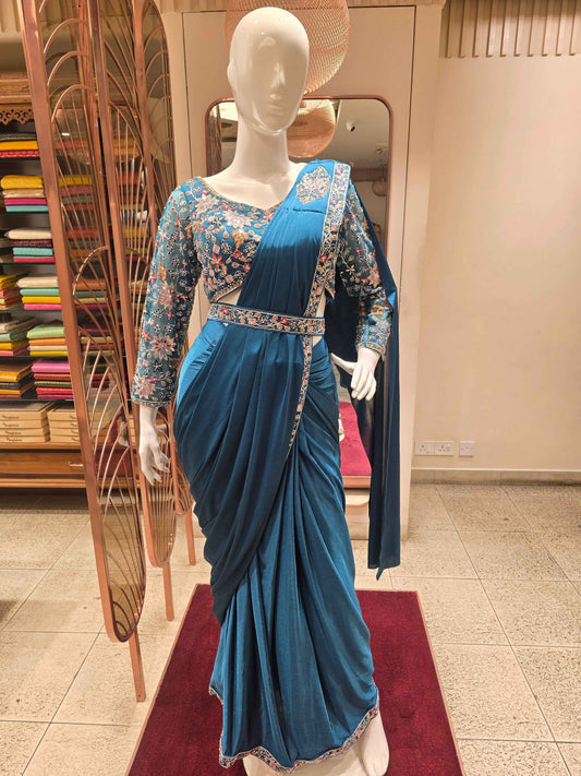 Teal Blue Indo-Western Pre-Draped Saree Set