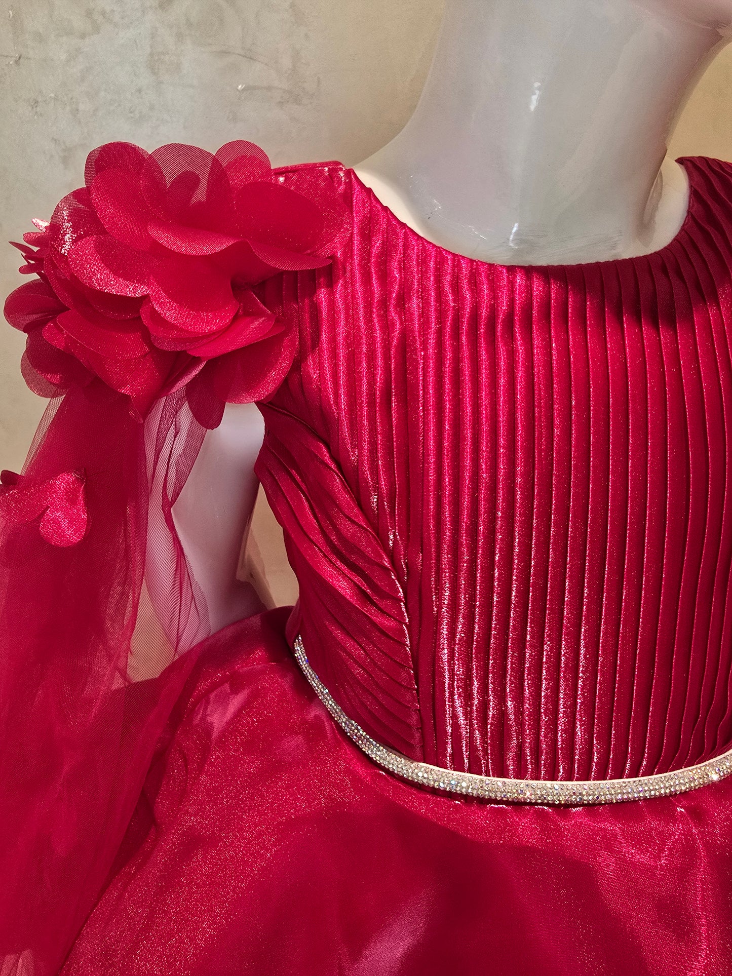 Girls Satin Party Wear Short Frock in Cherry Color with Net Open Sleeves Floral Design and Stone Attached Waist Belt for Special Occasions