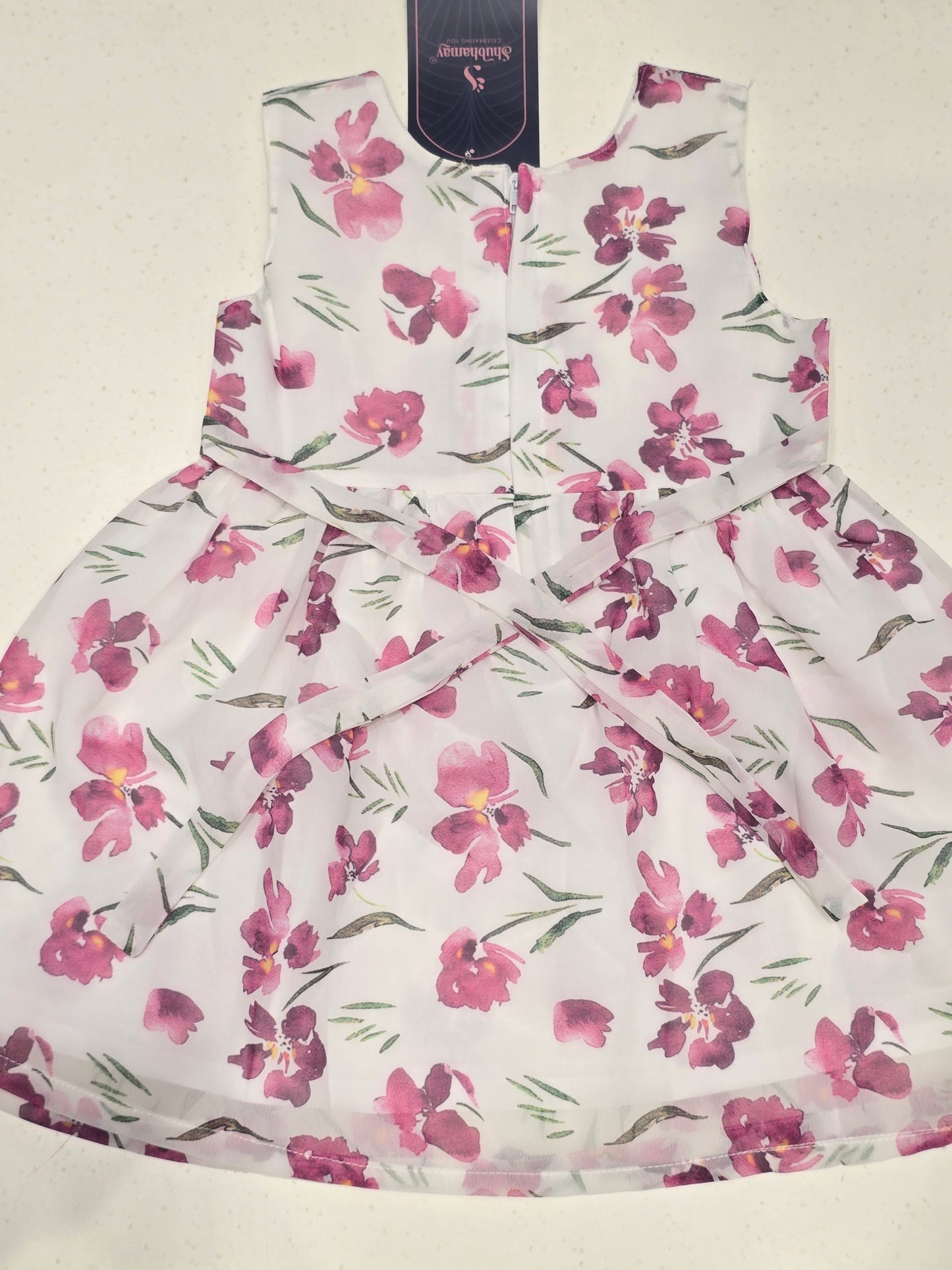 Printed cotton material baby frock with round neck