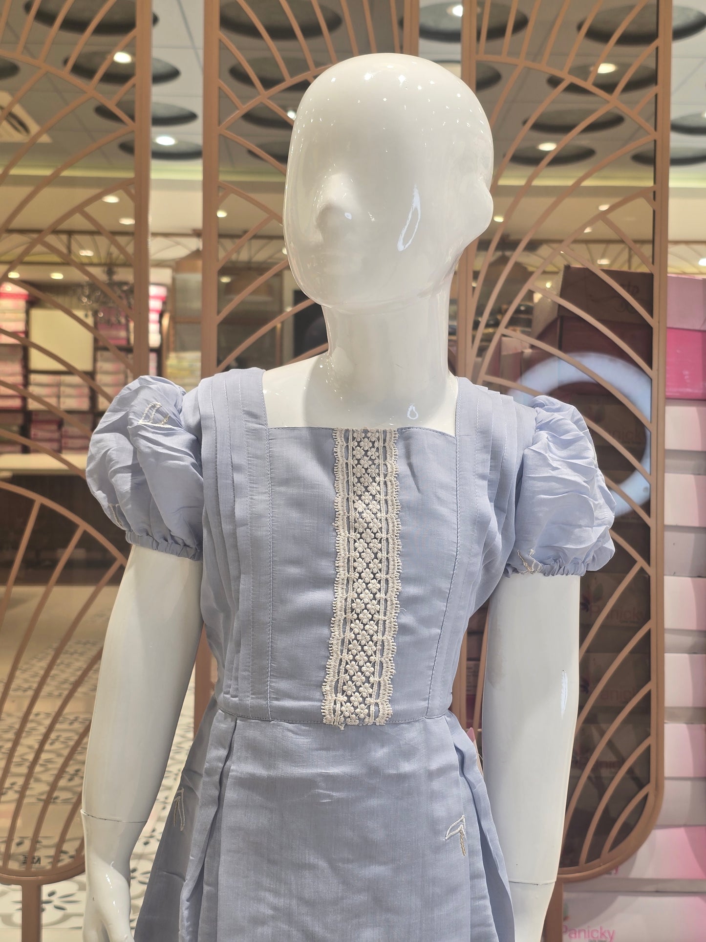 Sky Blue Soft Cotton Short Frock for Girls with White Embroidery Border and Neck Detailing