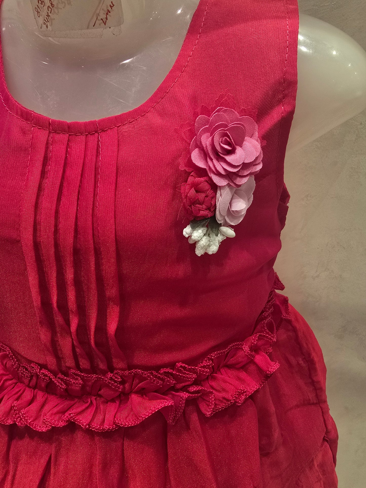 Pink Tissue Satin Short Frock with Rose Detailing (Sleeveless)