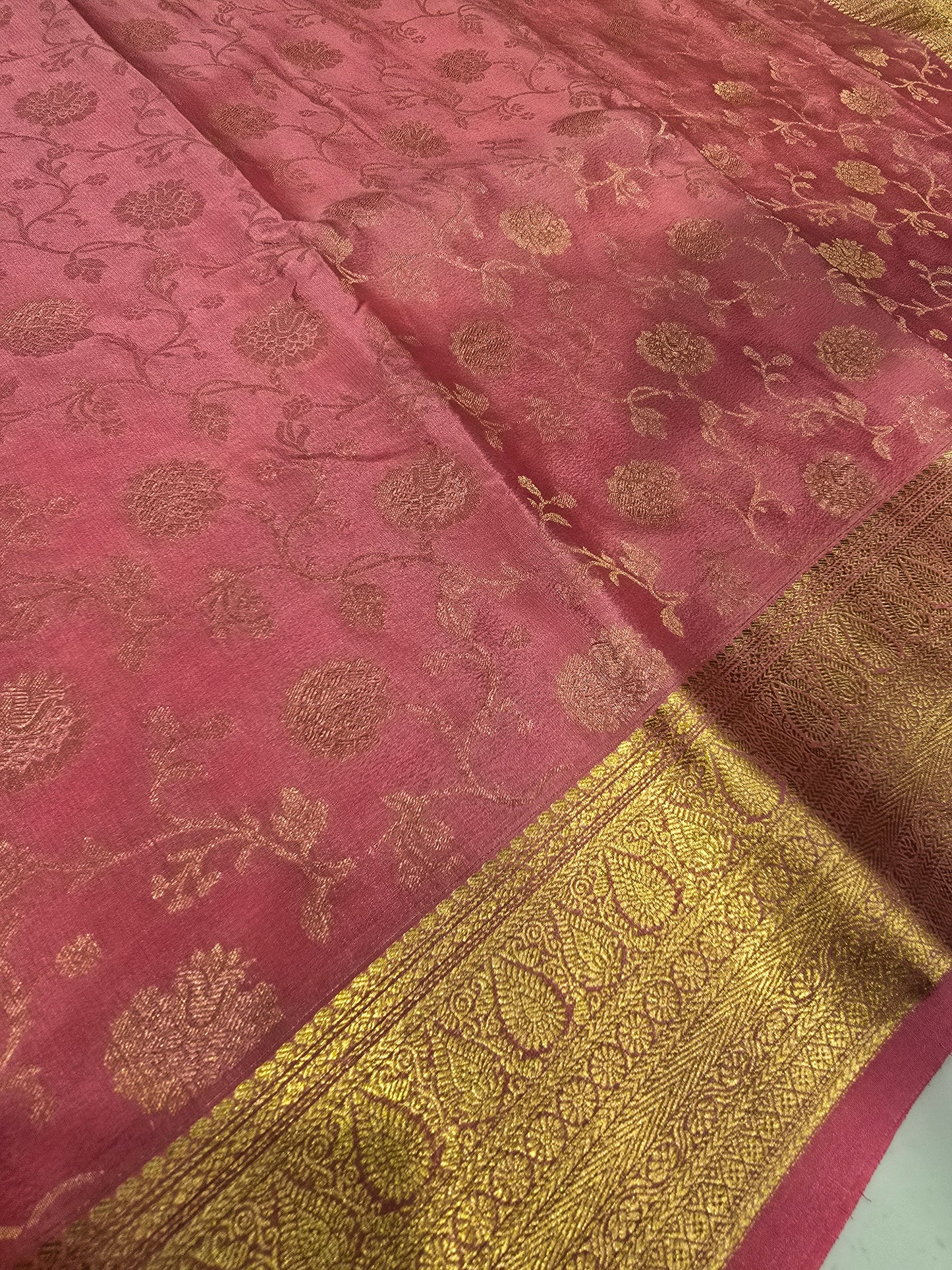 Pure Mysore Brocade Crepe Silk Saree with Full-Body Floral Weaving and Traditional Zari Border | Festive & Wedding Wear
