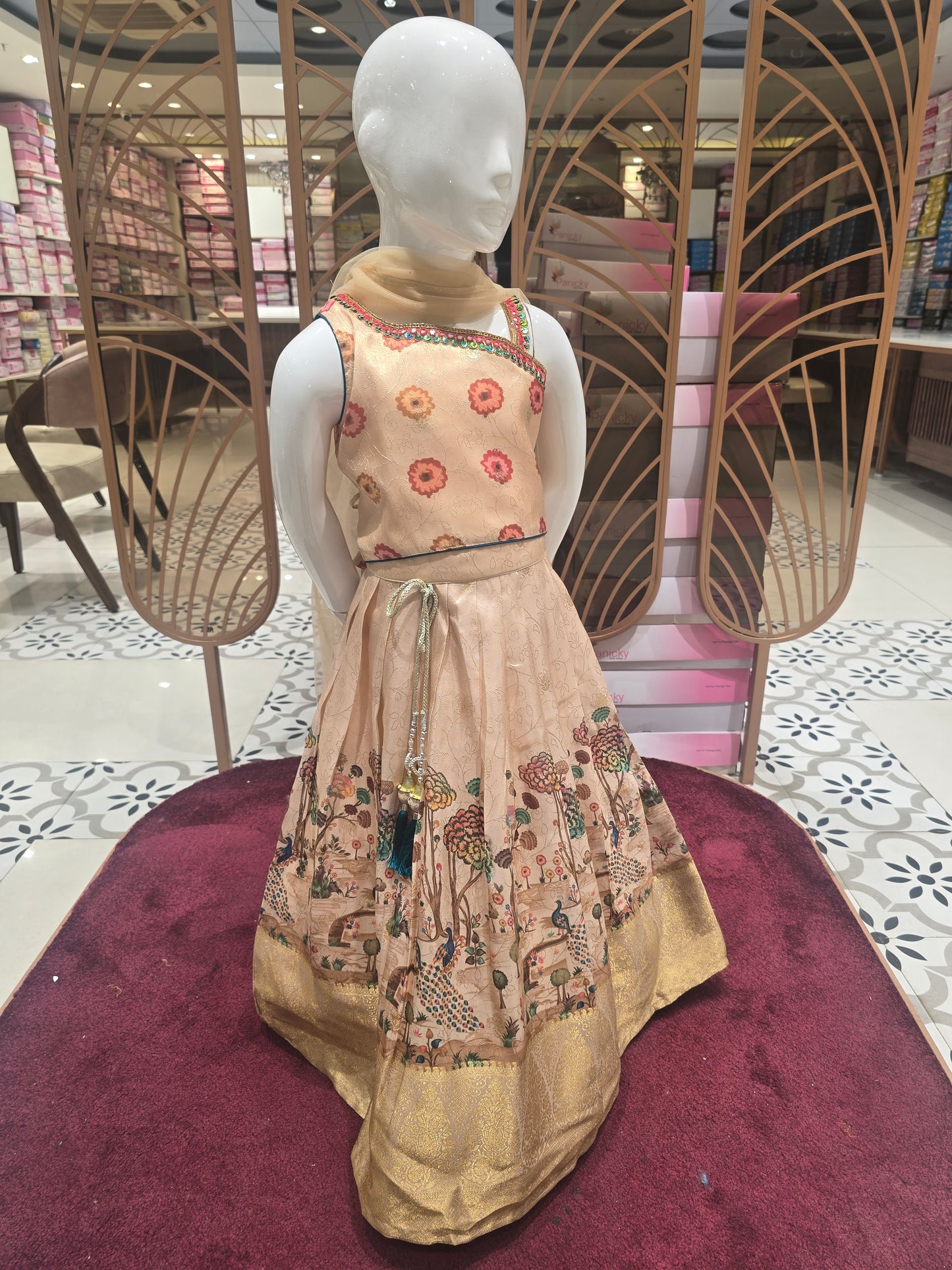 Girls Cream Tissue Silk Mirror Work Gaghra Set