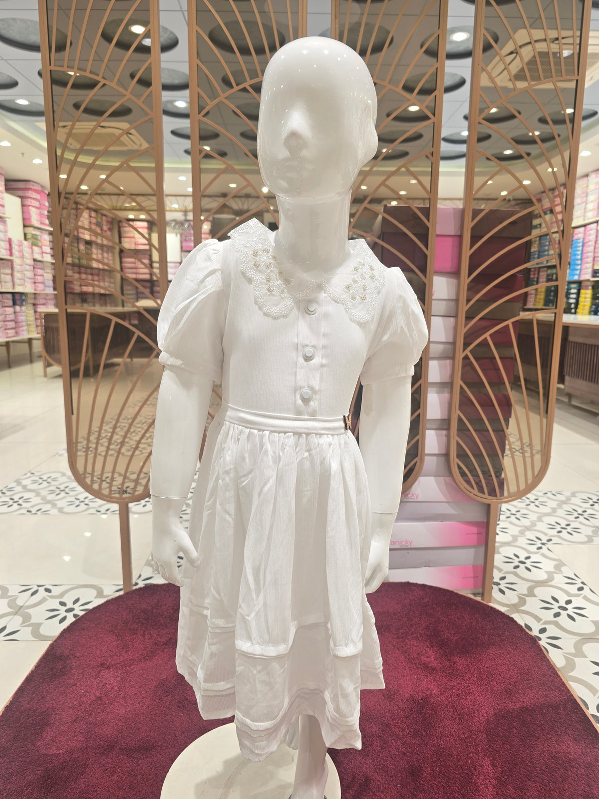 Girls Pure White Chiffon Short Frock with Cutwork Collar and Border