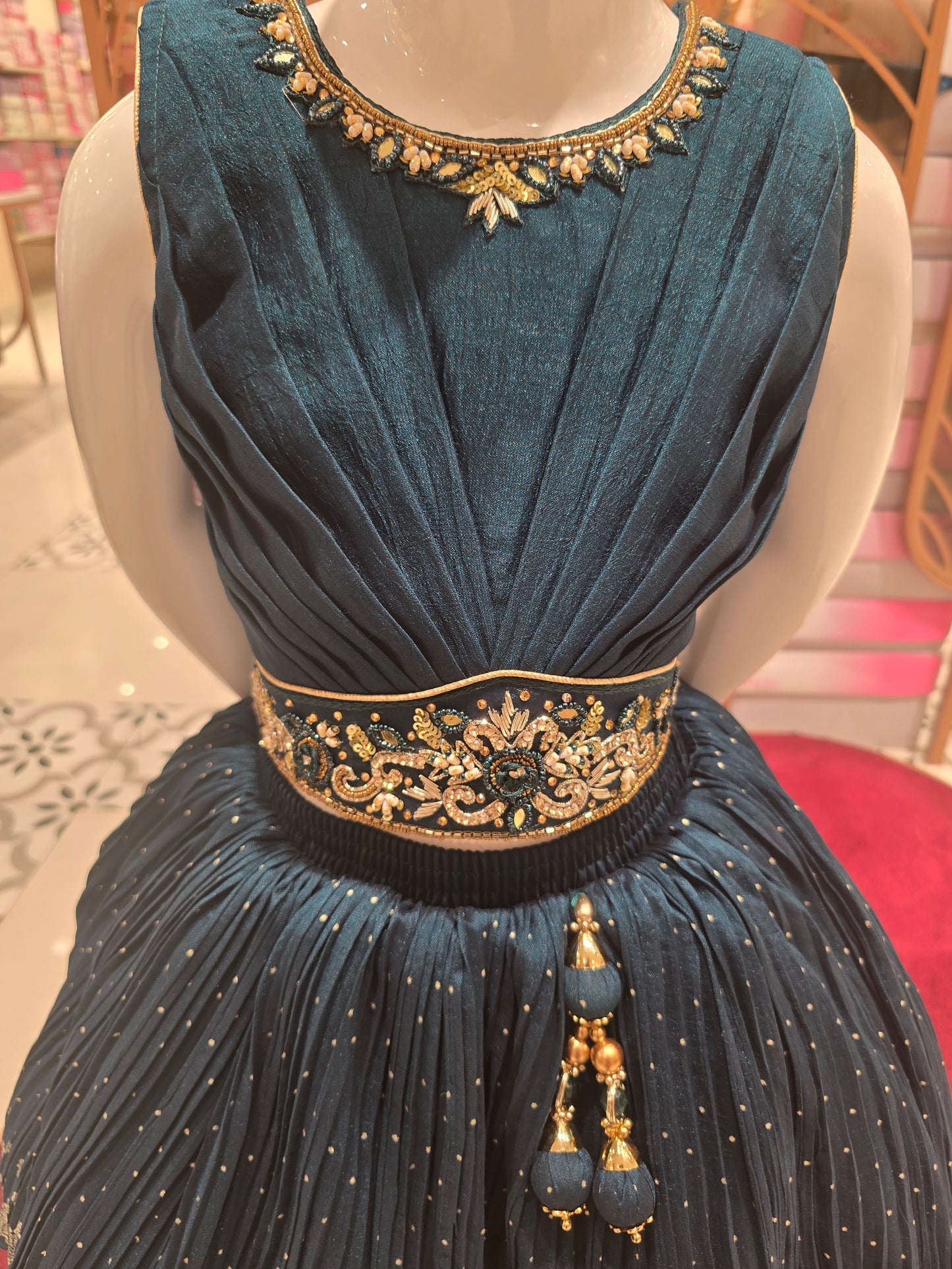 Girls Navy Blue Crepe Skirt & Top Set – Handwork on Neck & Wrist | Party Wear (2pcs)