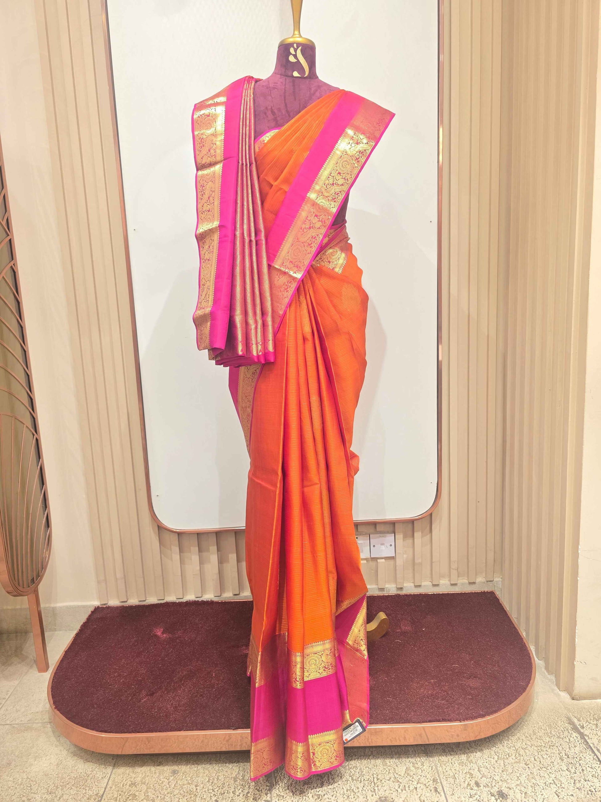 Handloom pure Kanjivaram silk saree orange with pink colour and bentex border