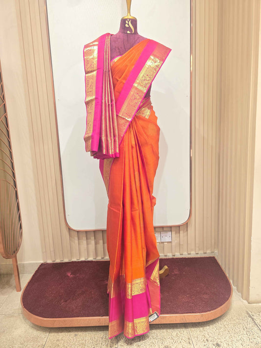 Handloom pure Kanjivaram silk saree orange with pink colour and bentex border