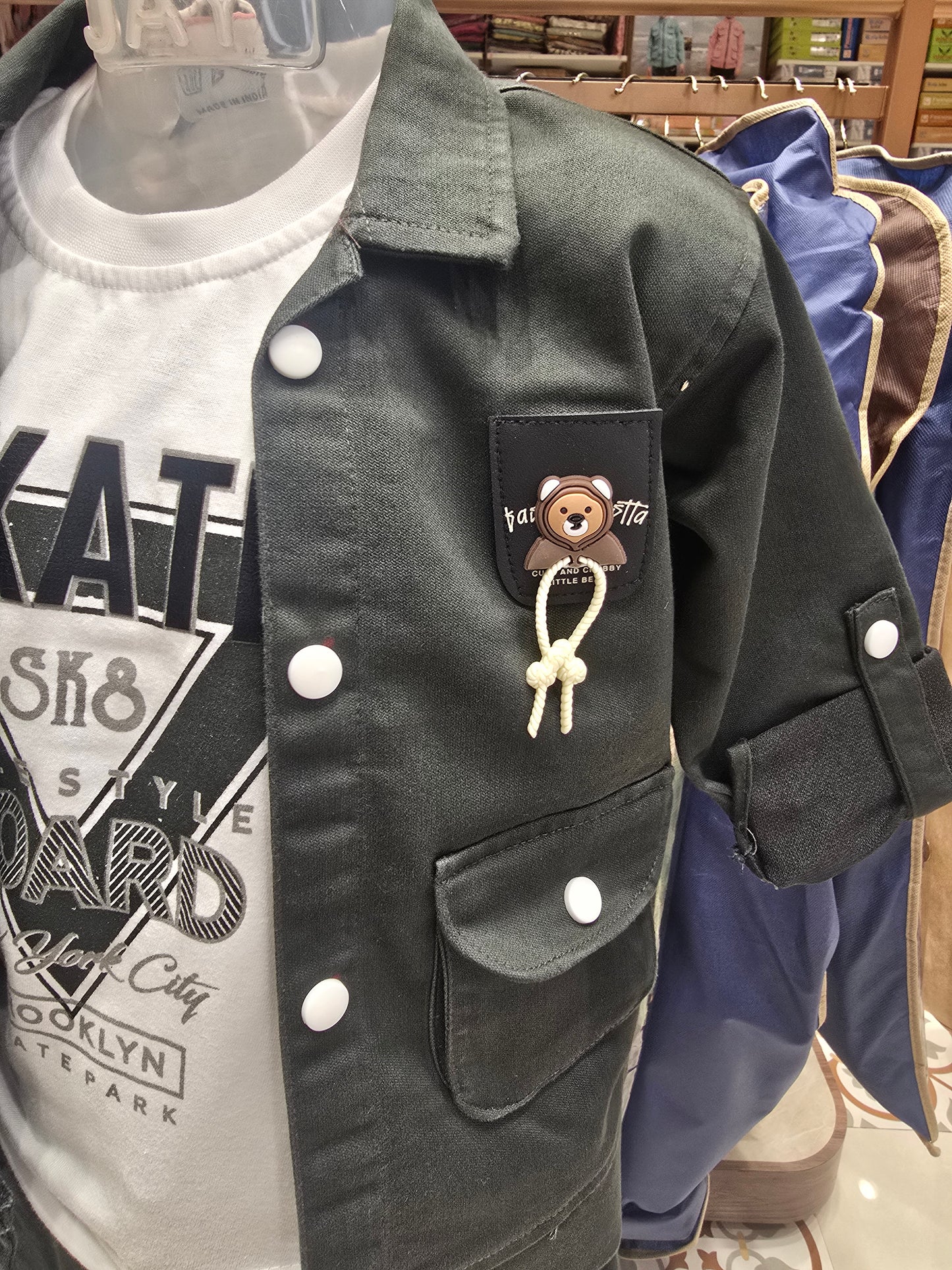 Boys Lycra Cotton 3 Piece Set in Bottle Green with Two Pocket Coat, Printed T-Shirt and Cargo Pant for Summer Wear