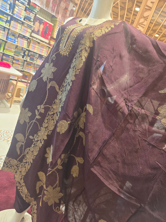 Chocolate Brown Banarasi Silk Party Wear Set for Women with Handworked U-Neck & Zari Floral Prints – Elegant Occasion Wear