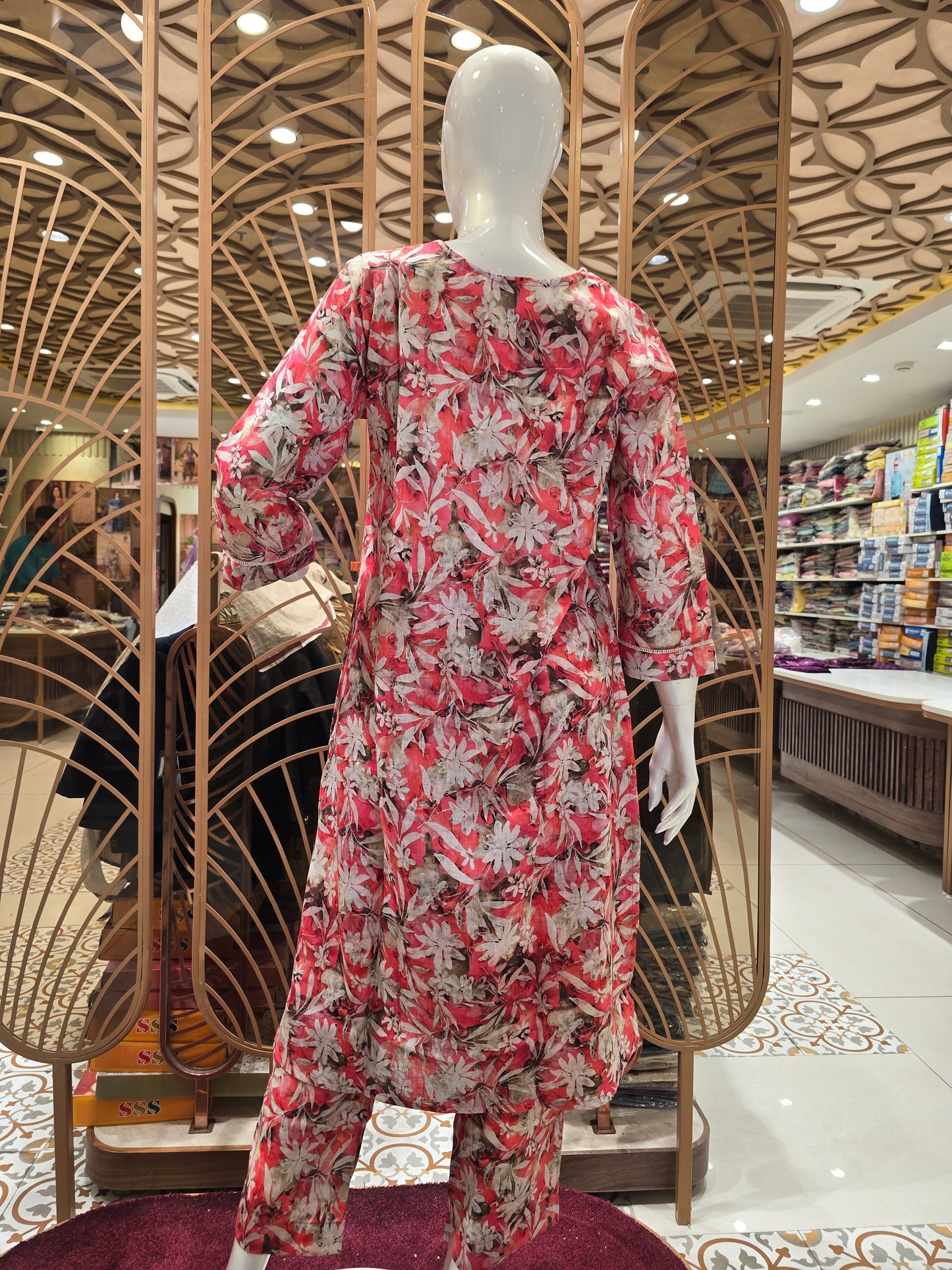 Printed Cotton Anarkali Kurti Set for Women in Peach, Mehandi Green and White with Micro Cutwork and Thread Work Detailing
