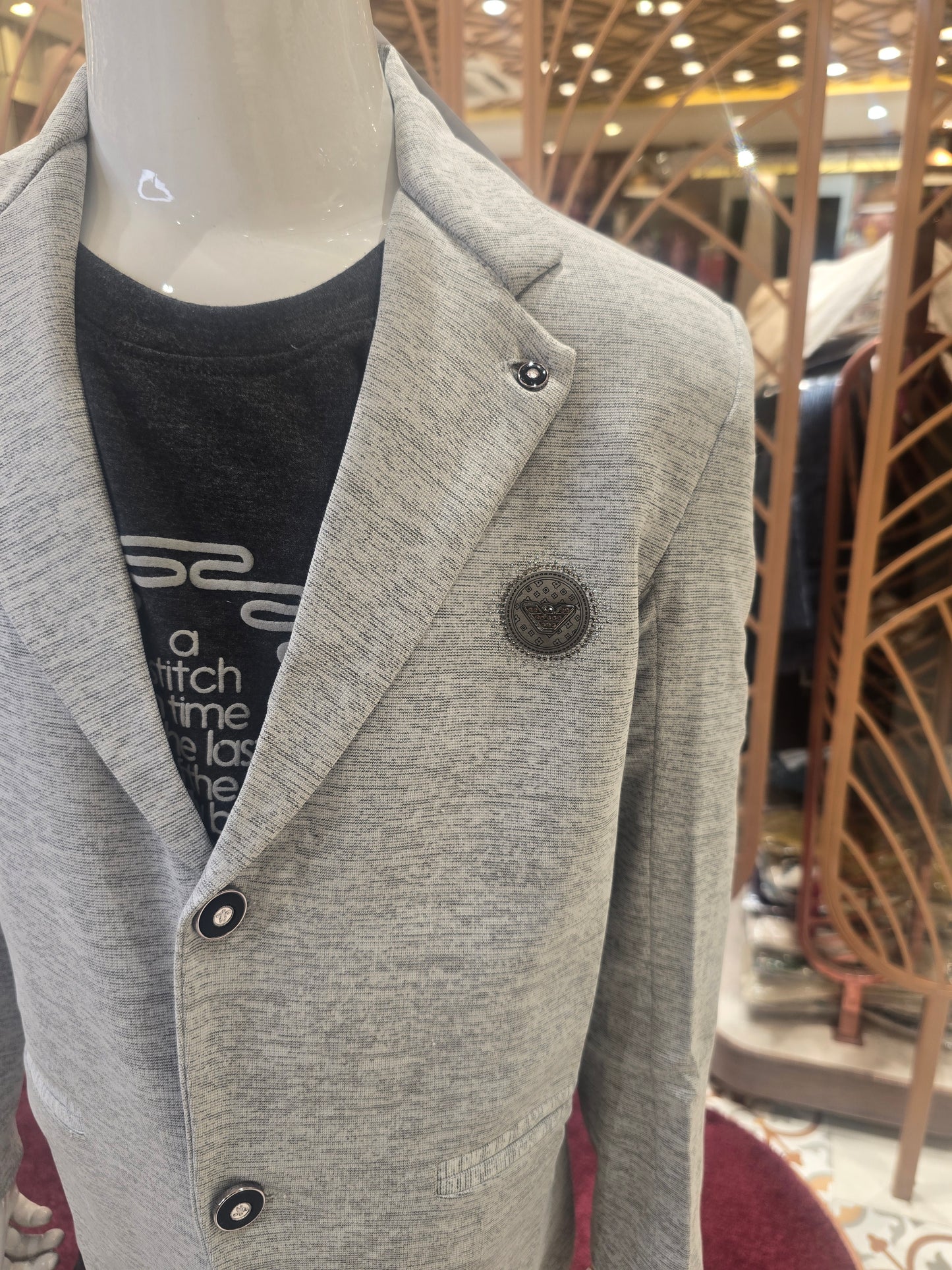 Grey colored Rayon cotton blazer with small logo , printed t-shirt and denim cotton black colored jeans