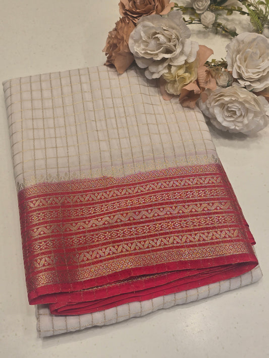 Semi Crepe Silk Saree with Checked Pattern, Rich Pallu & Traditional Border – Festive Wear Collection