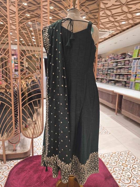Silk mix Material bottle green colour anarkali kurta with grand dupatta