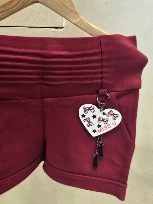Girls Lycra Cotton Casual Wear Shorts in Maroon with Elastic Waist, Key Chain Detail and Unicorn Rubber Print for Summer Wear
