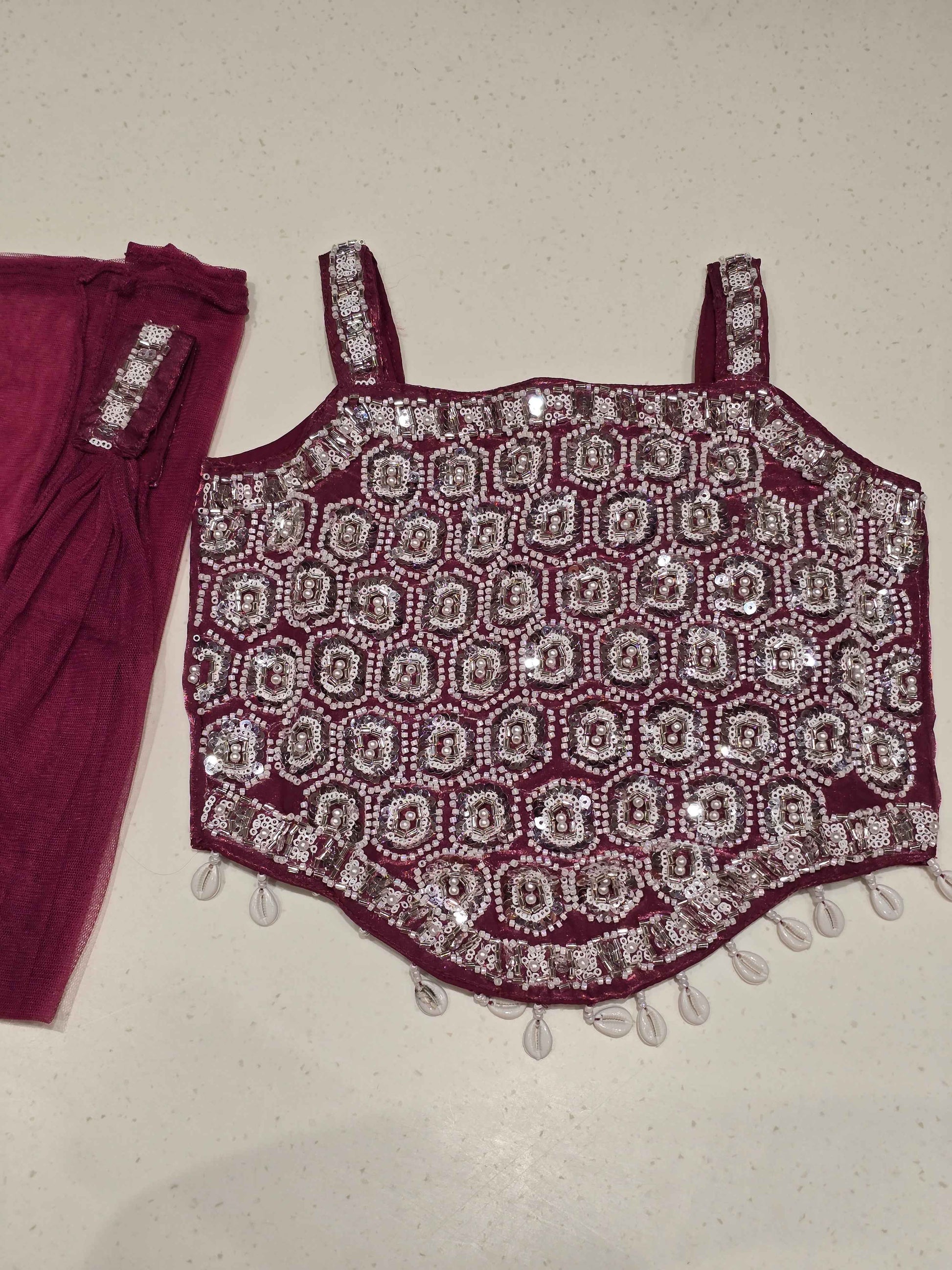 Shimmer material wine color sharara set with speghetti neck and chokar dupatta