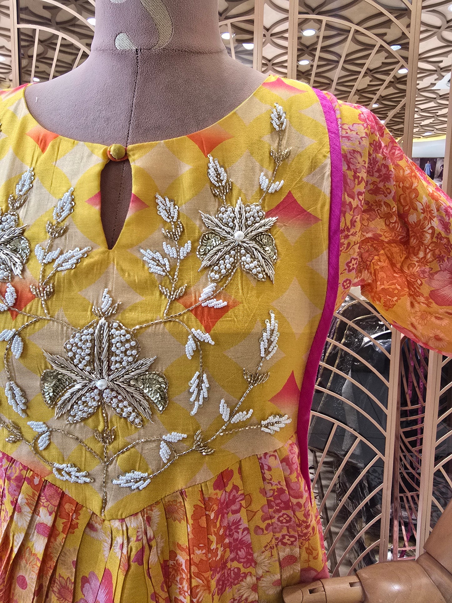 Women’s Rayon Straight Kurta with Floral Printed Design and Hand Work, Collar Neck and ¾th Sleeves for Daily Wear