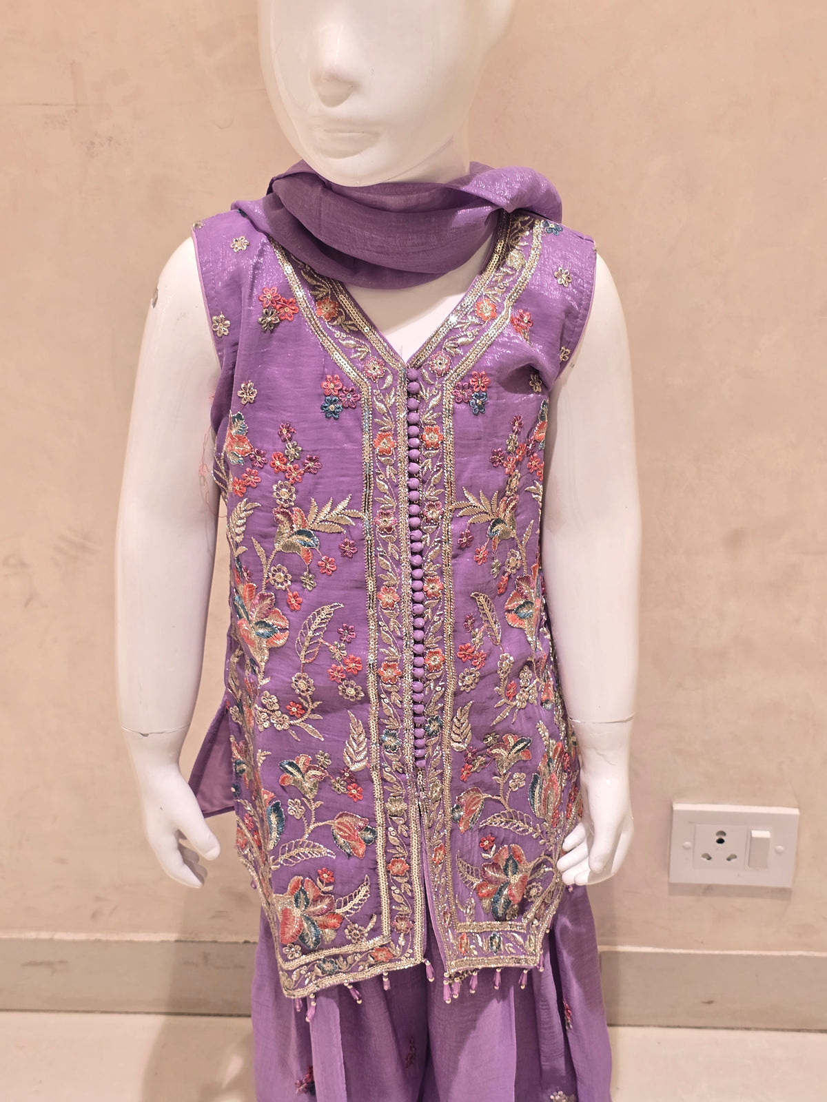 Girls Peach Crepe V Neck Sharara Set
