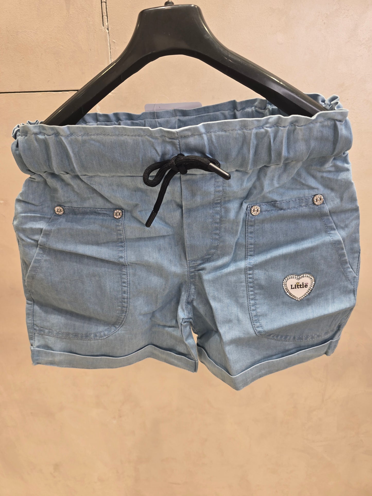 Girls Denim Lycra Casual Wear Shorts in Sky Blue with Fancy Pocket Design and Stretchable Waist for Summer Wear