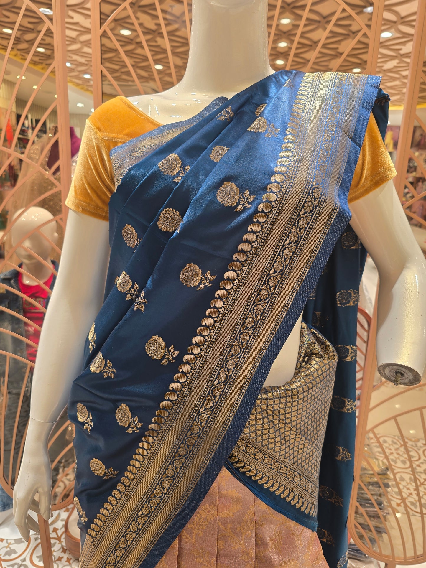 Women Peach Tissue Silk Semi Stitched Half Saree Set