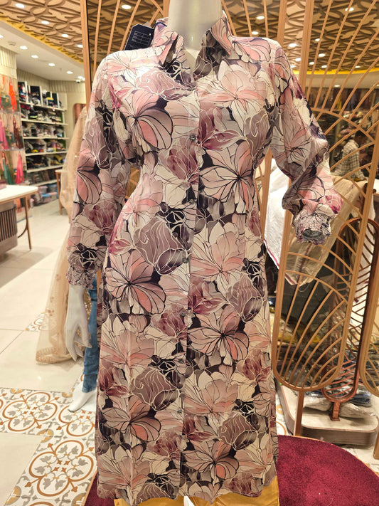 Floin material floral prints western short frock for women with colar neck and ¾ sleeves