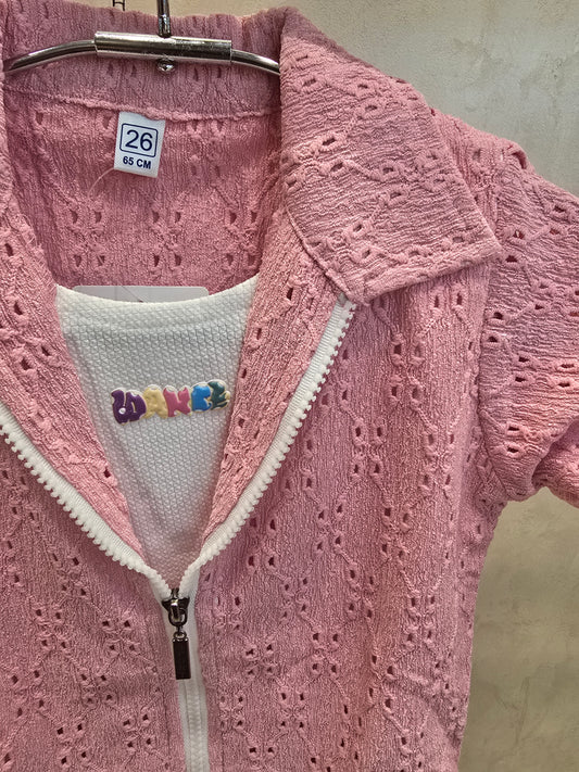 Baby Pink Neted Hosiery Western Top With Attachable T-Shirt & Madden Zip