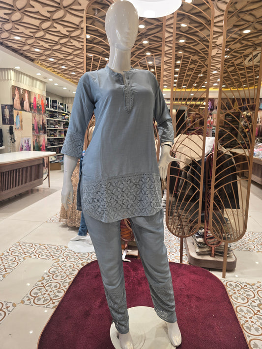 Women’s Rayon Coat Set in Grey with Cutwork Border, Sleeves and V-Neck Design for Daily and Casual Wear