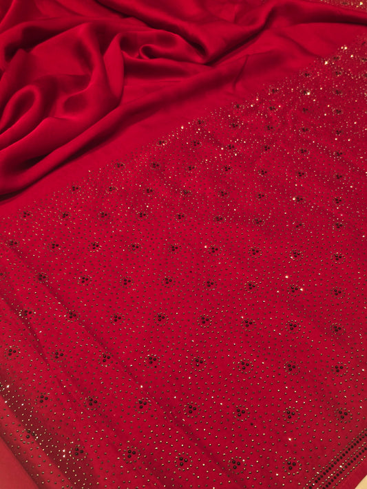 Red Fancy Saree with Full Stone Work Detailing & Rich Pallu | Party Wear Saree with Matching Blouse