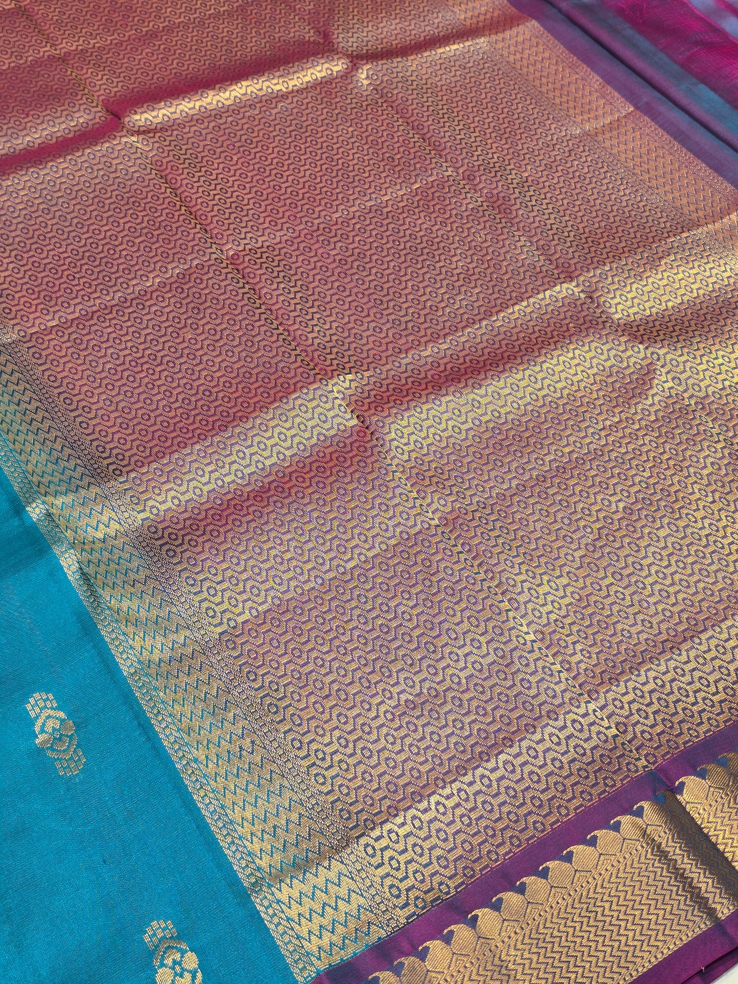 Pure Handloom Kanjivaram Silk Saree in Peacock Blue with Fancy Butta Body, Gatti Mango and Zigzag Border, Rich Pallu for Wedding and Festive Occasions