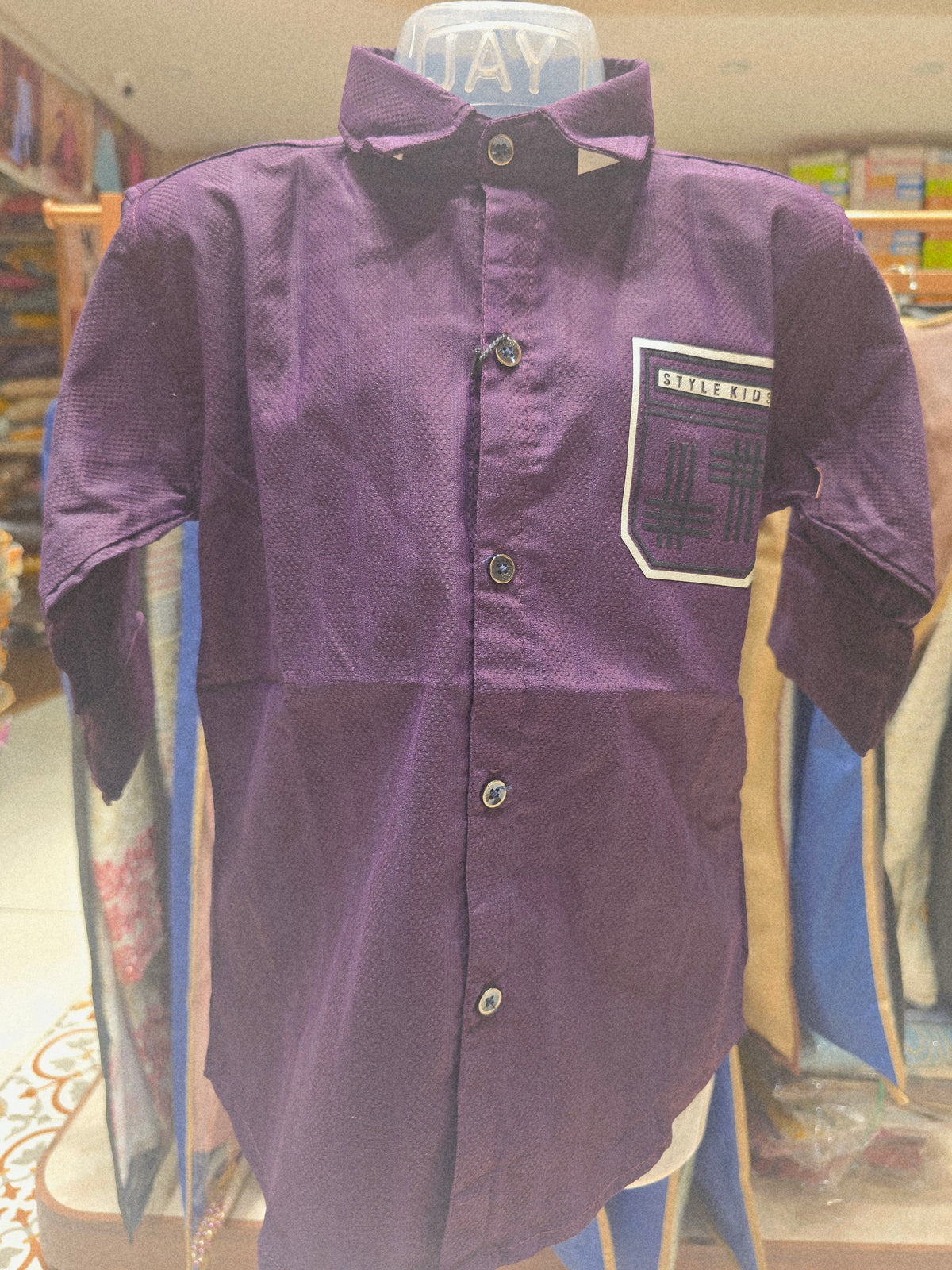 Wine Colored Lycra Cotton Shirt for Boys with Printed Pocket, Full Sleeves and Classic Collared Neck