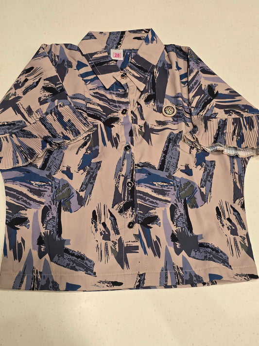 girls' casual short-sleeve shirt featuring a distinctive abstract brushstroke print in shades of blue, grey, and khaki on a beige base