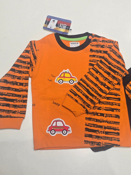 2-piece orange and black children's clothing set consisting of a long-sleeve sweatshirt and matching jogger pants.