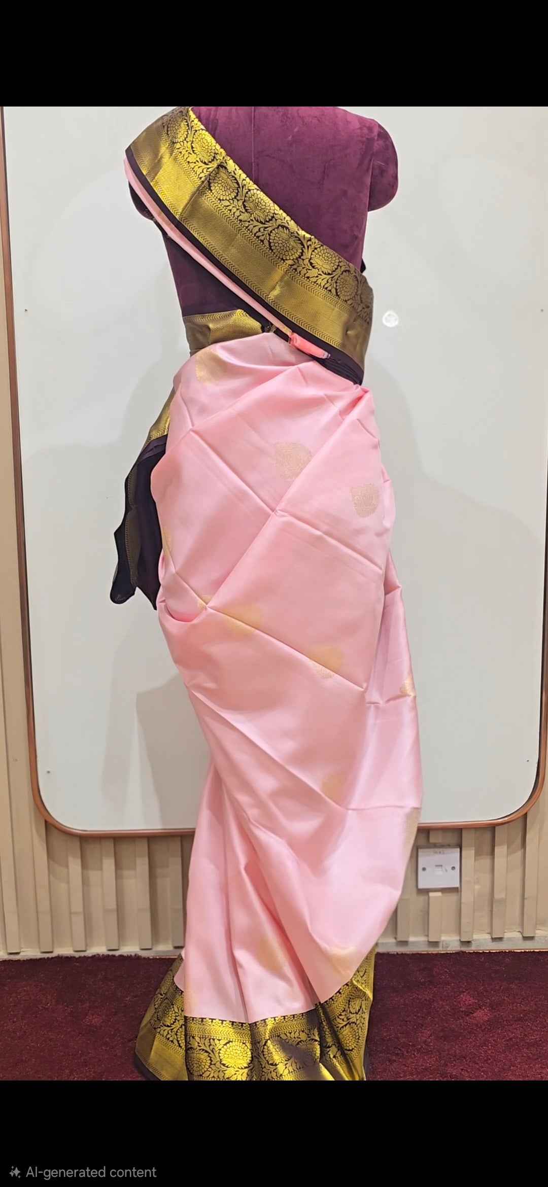 Pure Kanjivaram silk saree , baby-pink with brown color and traditional motifs