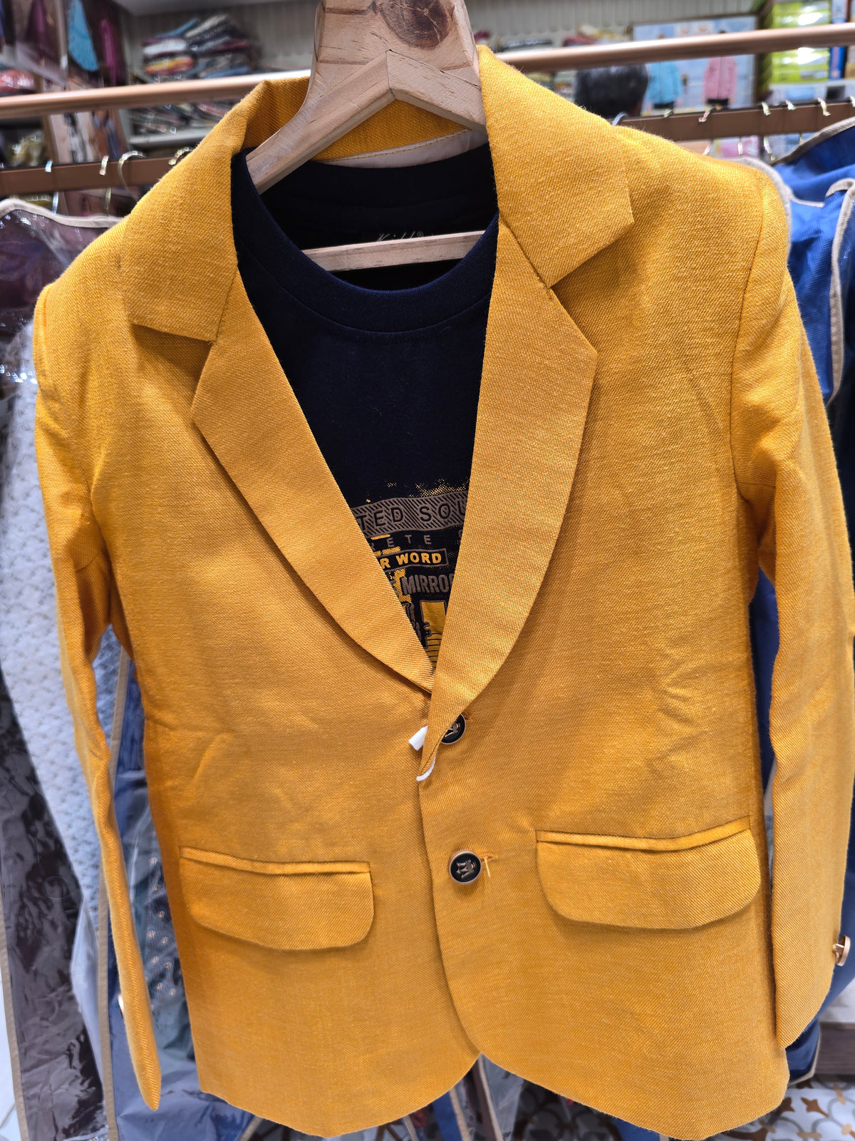 Boys Lenin Cotton Blazer Set in Yellow with Pocket Design and Printed Black T-Shirt for Summer Party and Casual Wear