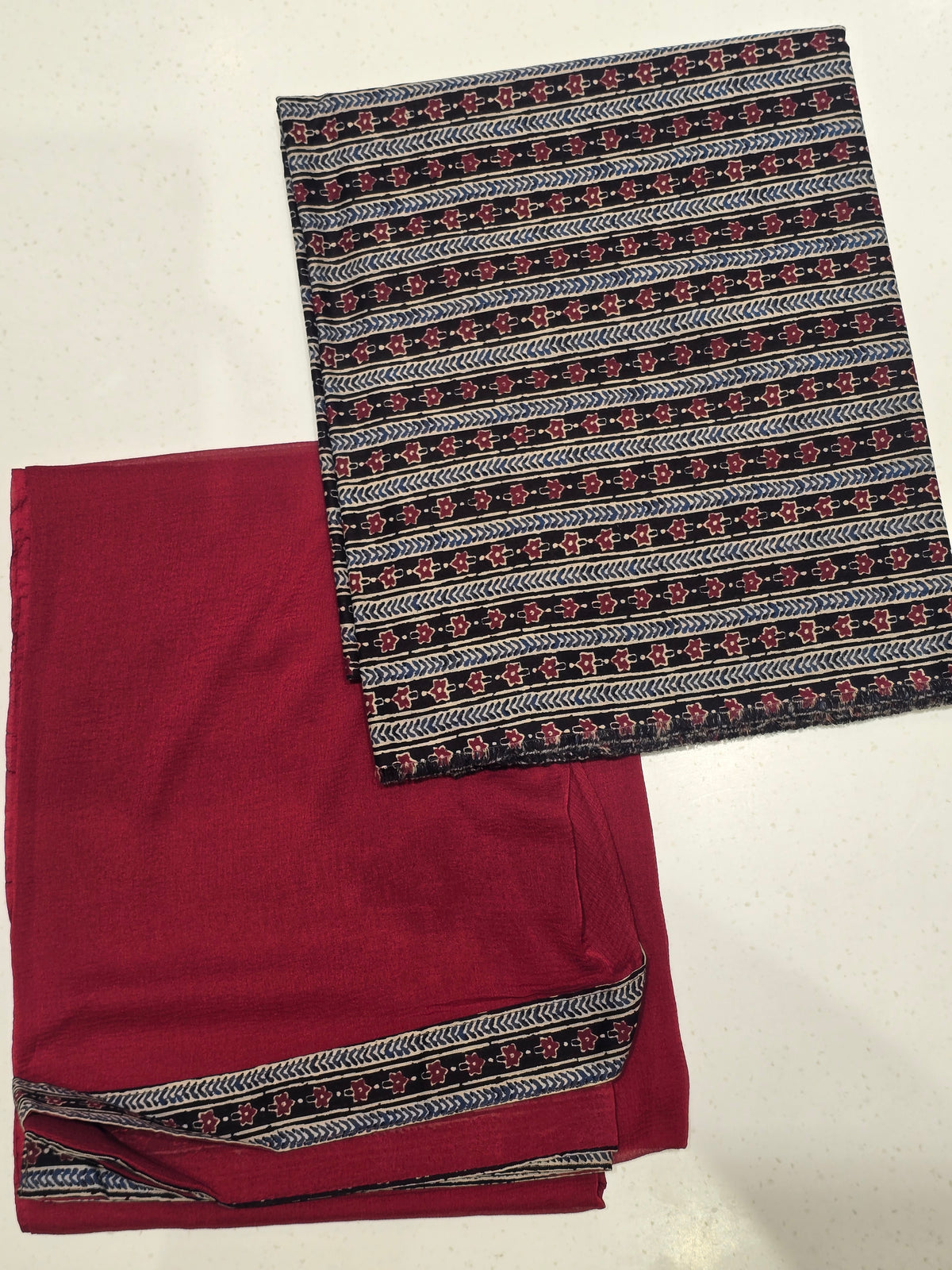 unstitched 3-piece ethnic dress material set featuring traditional handblock print motifs