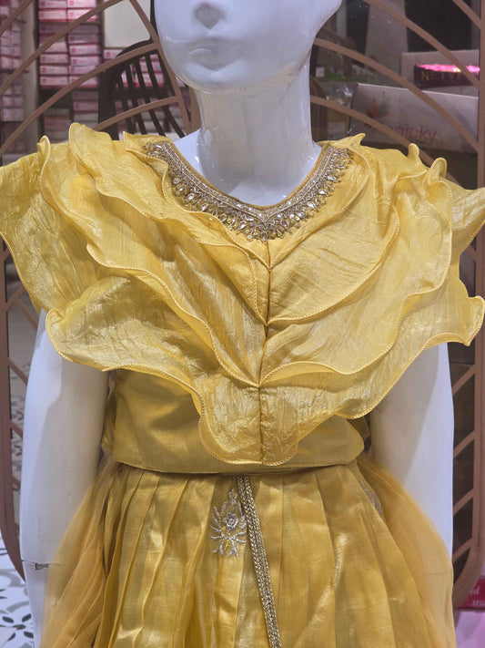 Orange material mustred colour party wear gaghra set with designer top