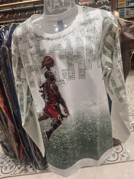 White & Pista Imported Rubber Print Full Sleeve Boys T-Shirt with Front & Back Stylish Print