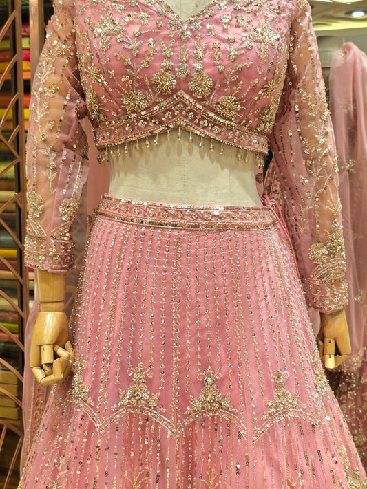 Pink Knitted Bridal Lehenga Set