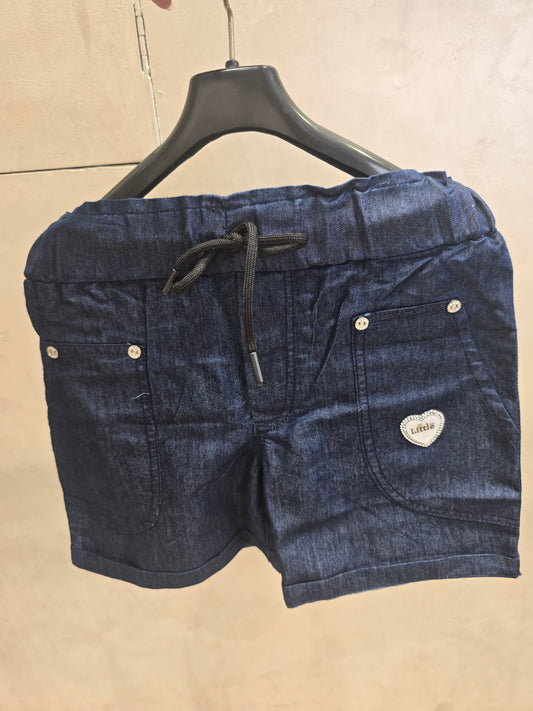 Girls Cotton Denim Jean Shorts in Dark Blue with Two Pocket Design, Elastic Waist and Tie for Summer Casual Wear