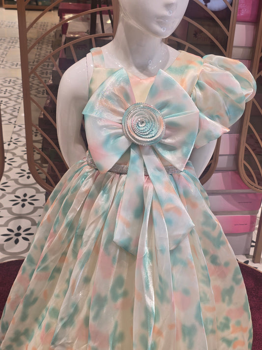 Multicolor Printed Organza Party Wear Gown for Girls with Asymmetrical Sleeves, Floral Front Design and Stone Belt