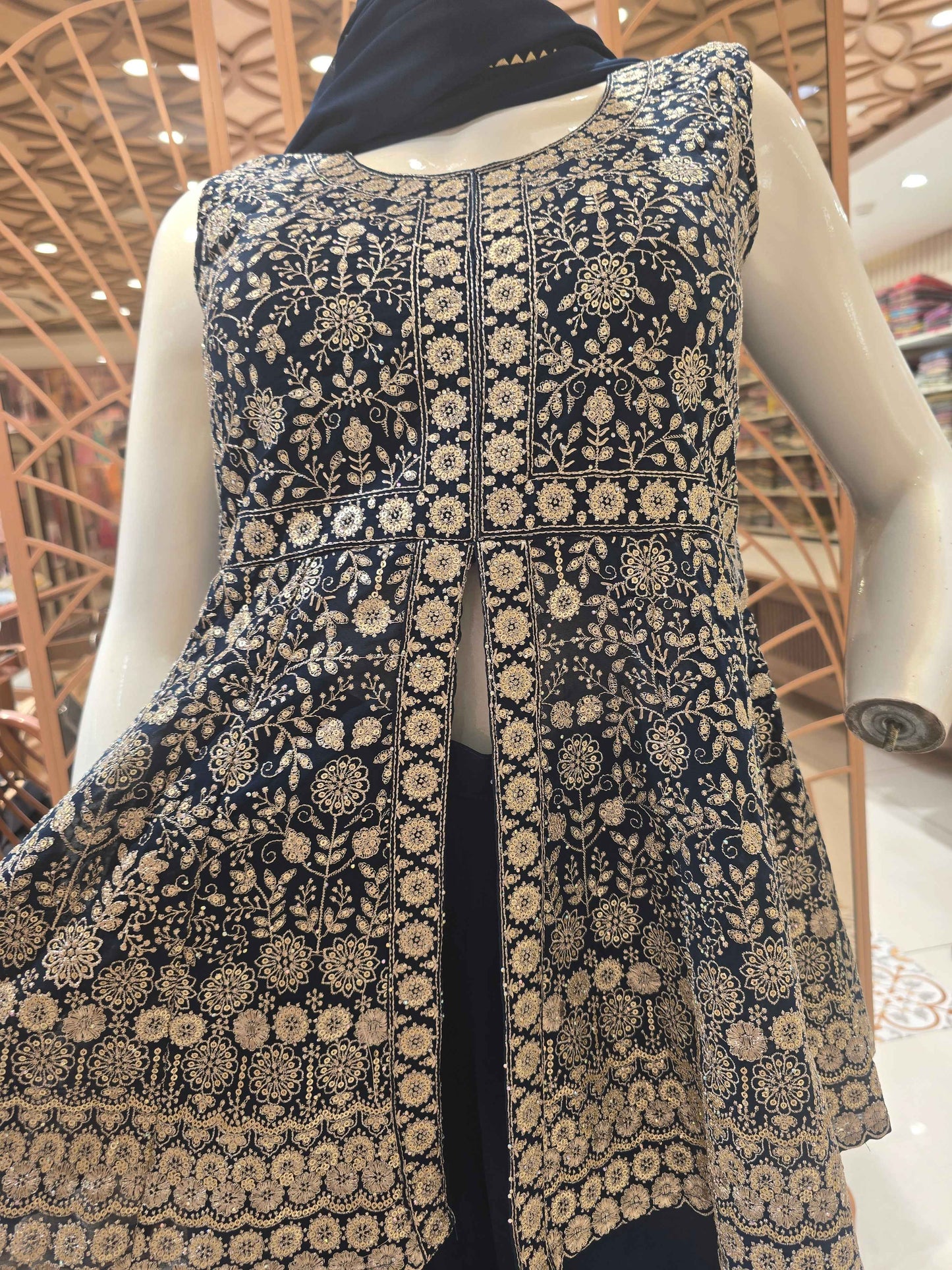Crepe georgette material teel blue colour sharara with slit cut top