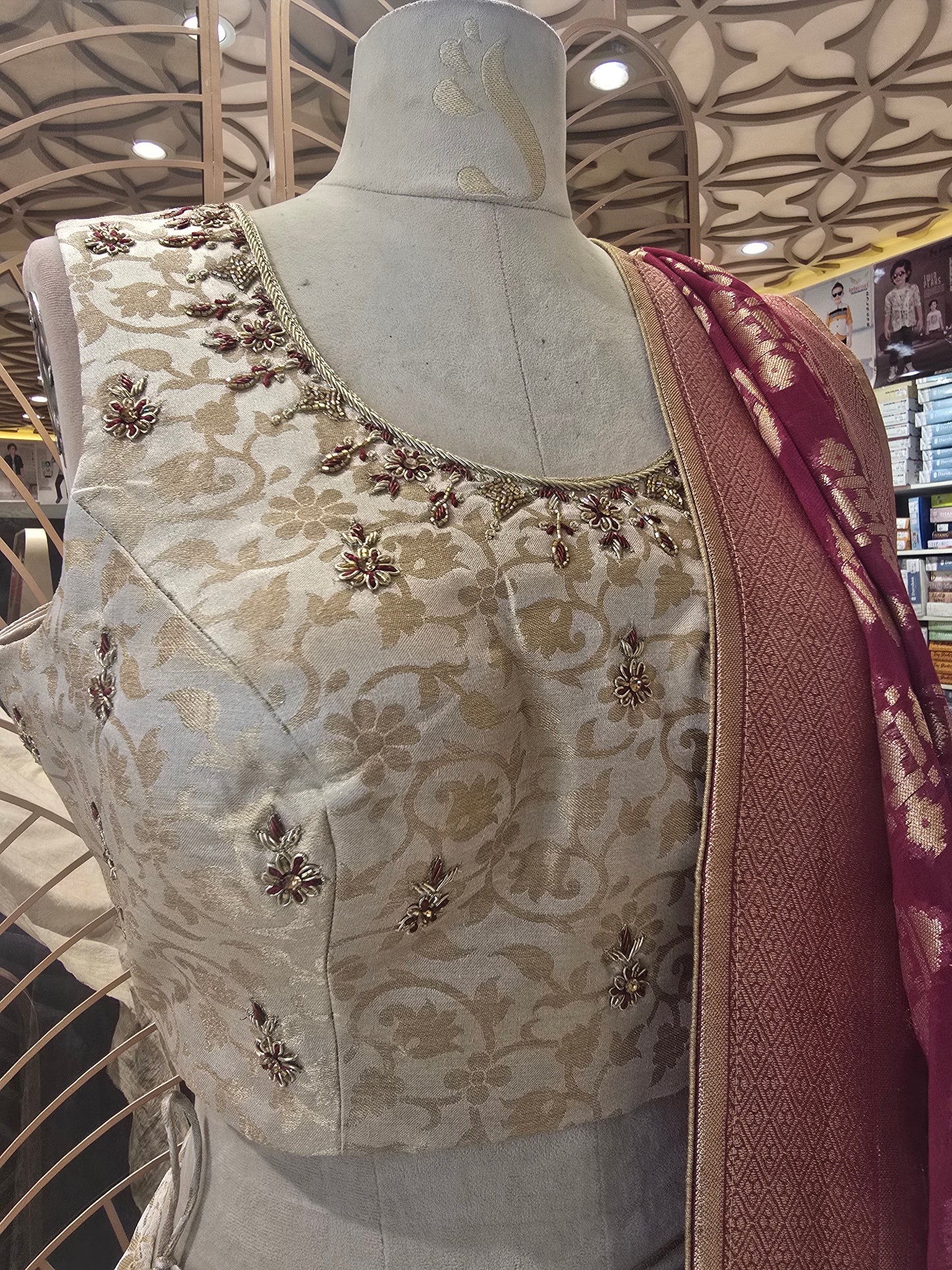 Bridal Lehenga – Jakhad Silk with Banarasi Dupatta, Floral Skirt Design & Ari Work Blouse (Half White)