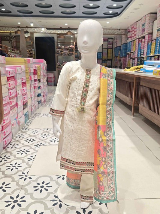 Girls' Off-White Chanderi Silk Straight Kurta Set,