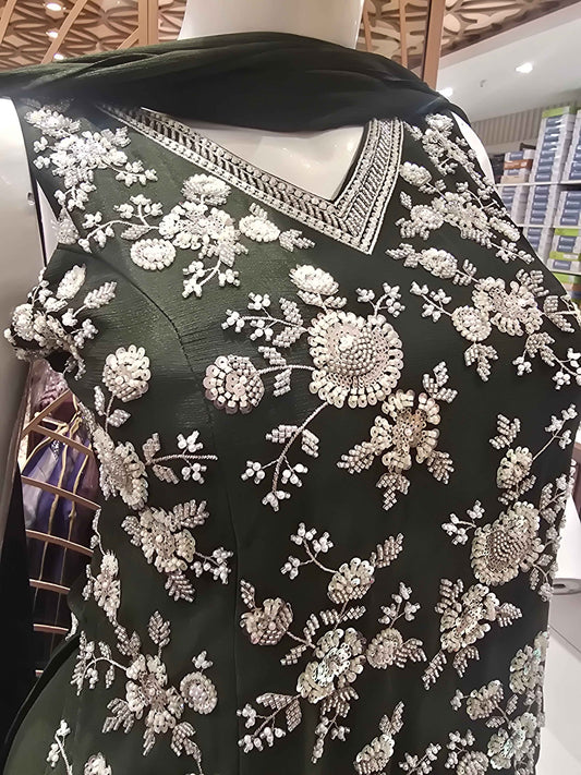 Elegant Green Tissue Sharara Suit Set with Sequin Handwork and Chiffon Dupatta