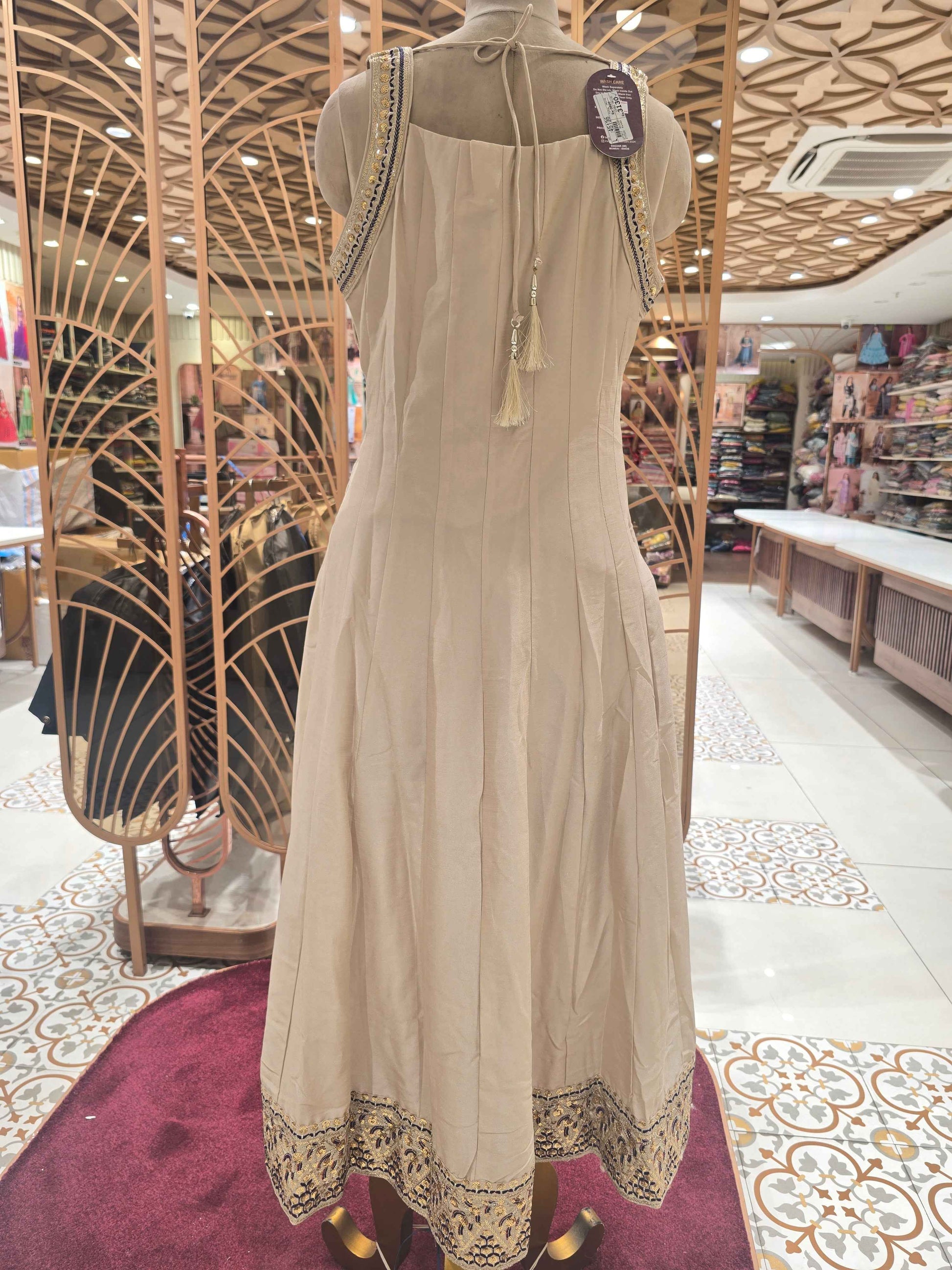 Crepe silk material cream with purple contrast anarkali kurta set