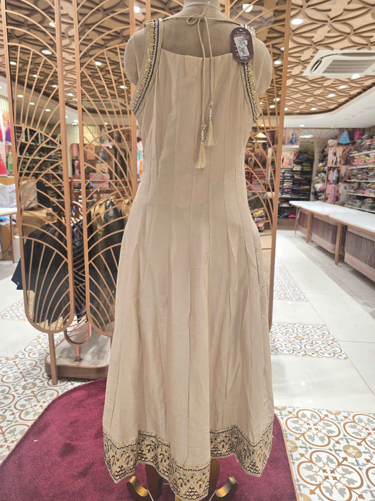 Crepe silk material cream with purple contrast anarkali kurta set